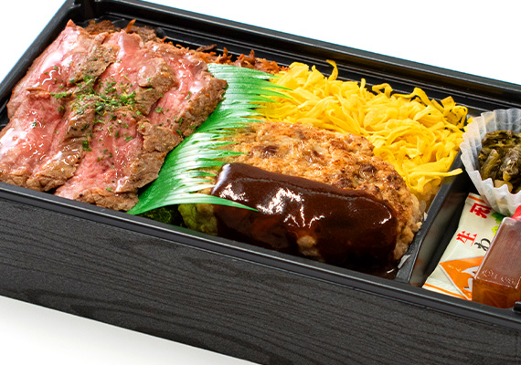 牛ステーキ&手ごねハンバーグ重